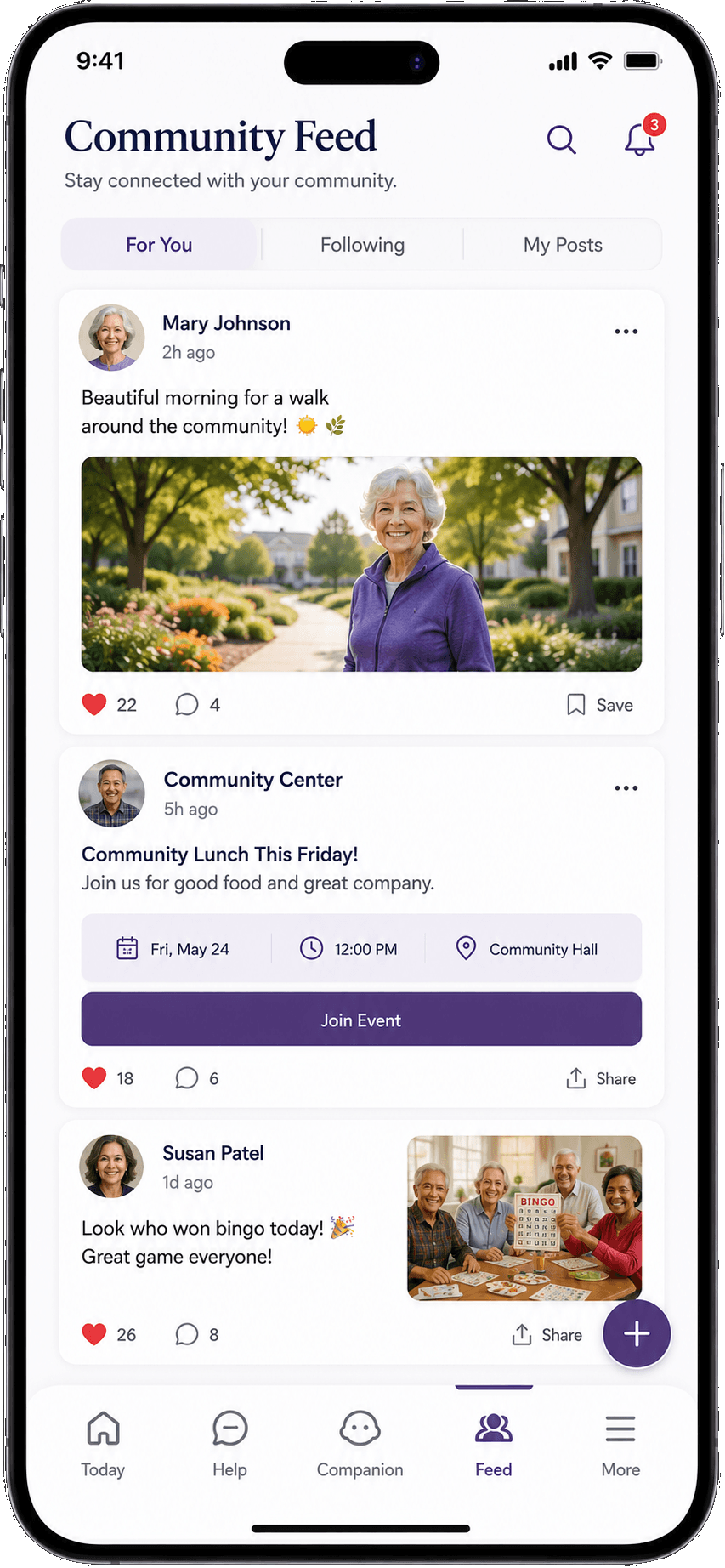 TheSeniorGuru community feed with resident posts, events, comments, likes, and sharing.