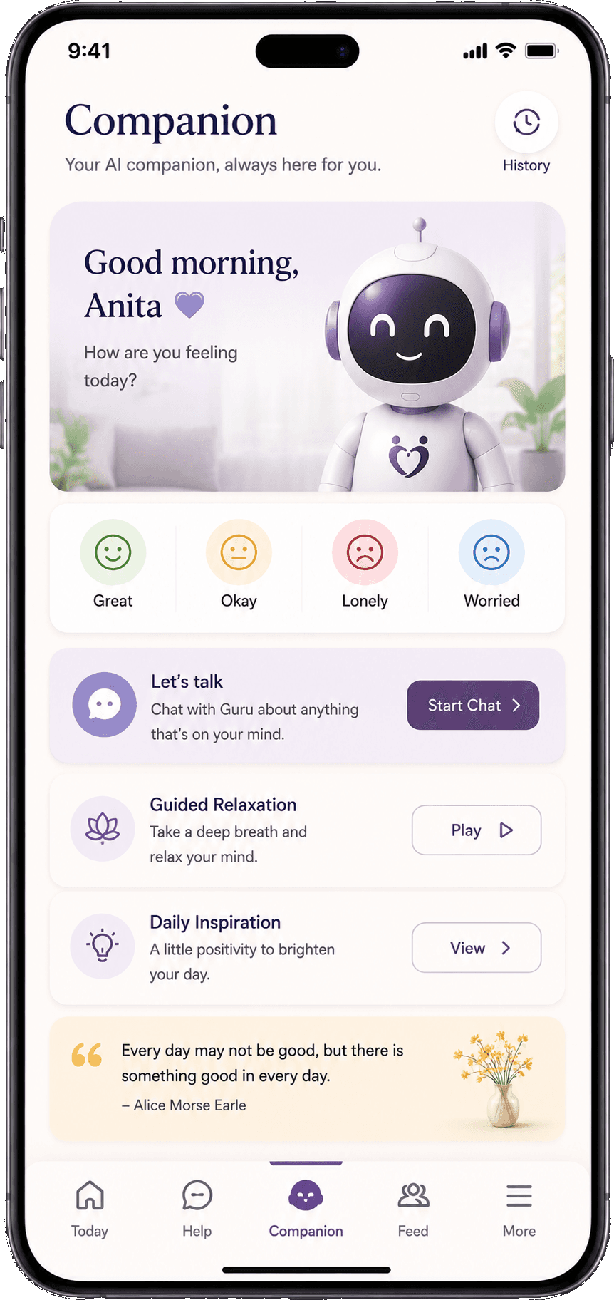 TheSeniorGuru companion screen with mood check-in, chat, relaxation, and daily inspiration.