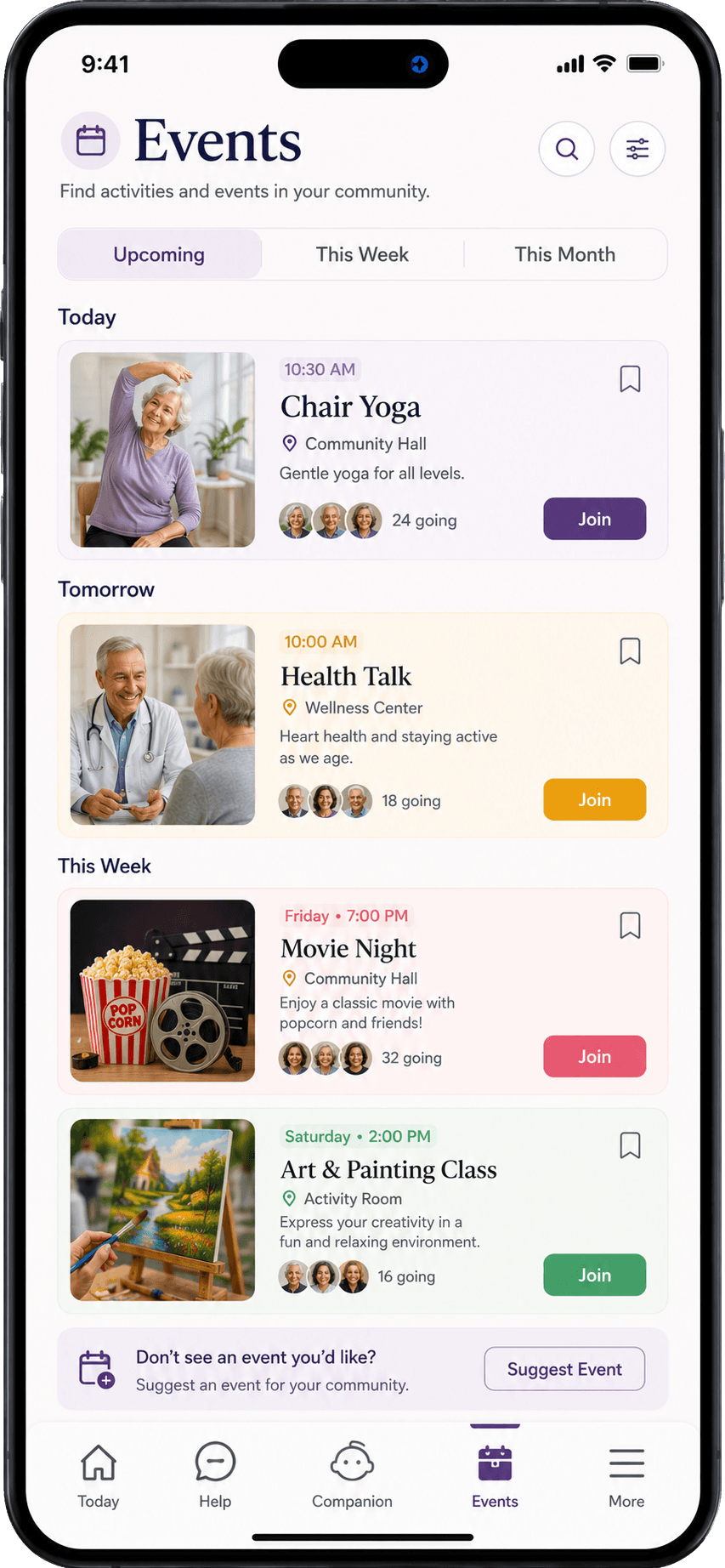 TheSeniorGuru events screen with chair yoga, health talk, movie night, and painting class.