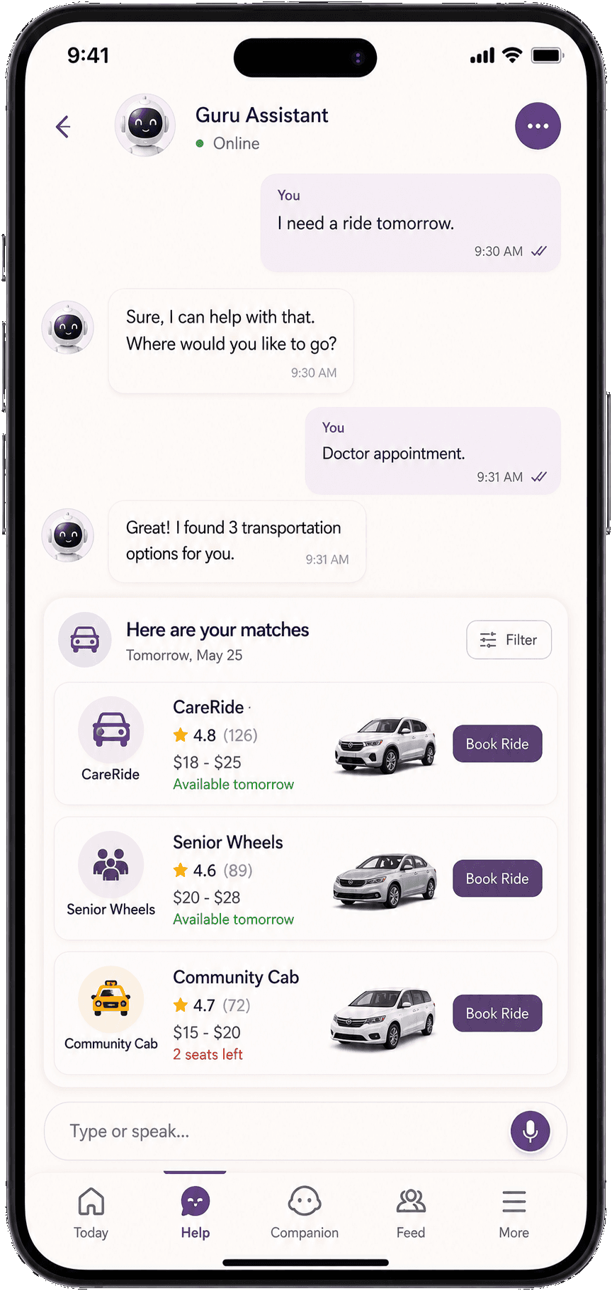 Guru Assistant chat showing transportation options for a doctor appointment.