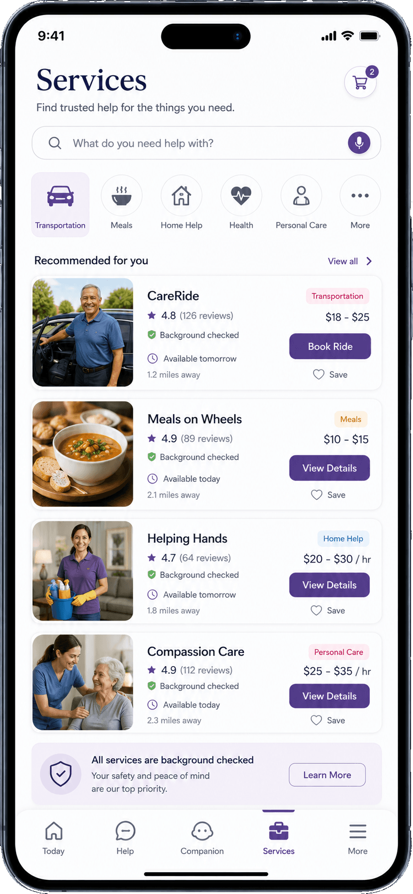 TheSeniorGuru services marketplace with transportation, meals, home help, health, and personal care providers.