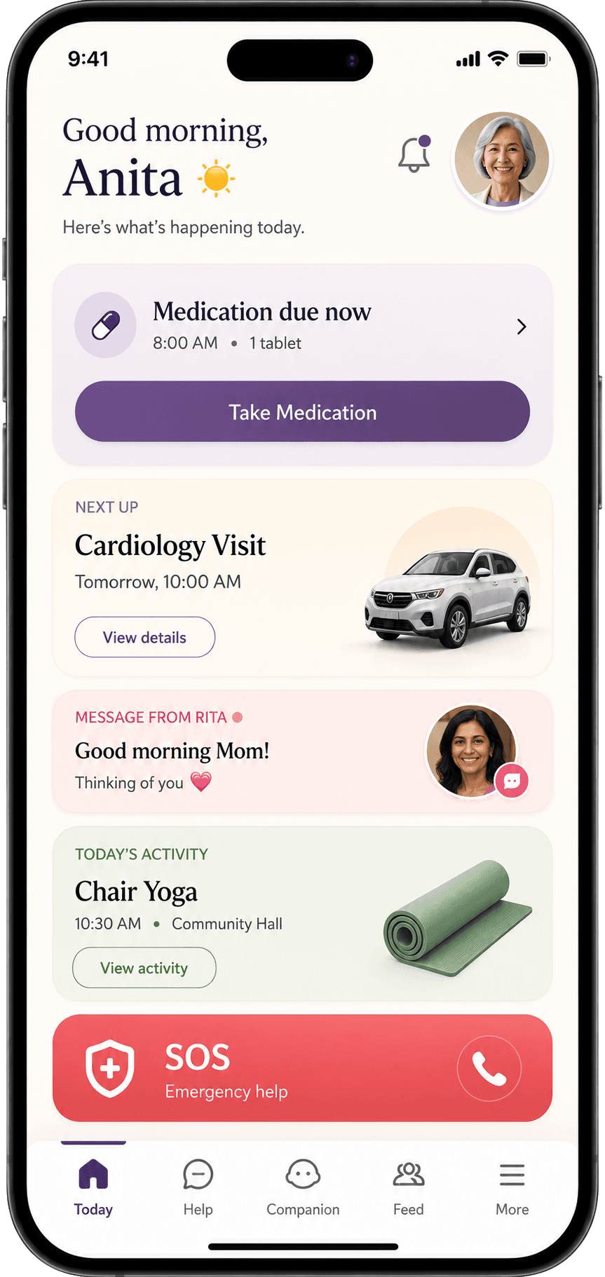 TheSeniorGuru daily overview mobile app screen.